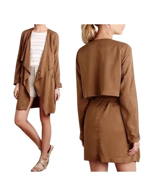 Anthropologie Cartonnier Draped Belted Dress Trench Coat in Copper Brown Size XS thumbnail 2
