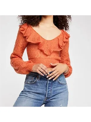 Free People Macaroon Ruffled Neck Mohair Wool Sweater Burnt Orange Ruffle size L thumbnail 3