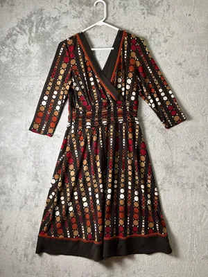 Vintage Retro Mod Polka Dot Surplice Fit & Flare Midi Dress Boho Fall 70s Chic M thumbnail 1