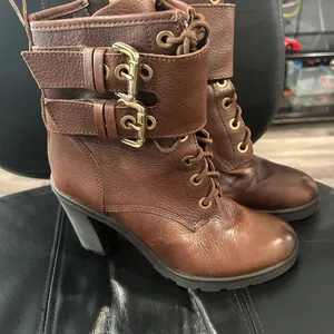 Guess Brown Leather Ankle Boots with Gold Buckle lace up. Read description. thumbnail 2