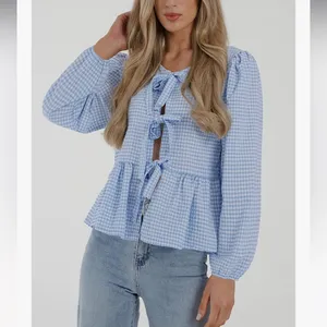 NWOT PRETTYGARDEN Babydoll Peplum Blouse Shirt Puff Long Sleeve Bow Tie Front XL thumbnail 5