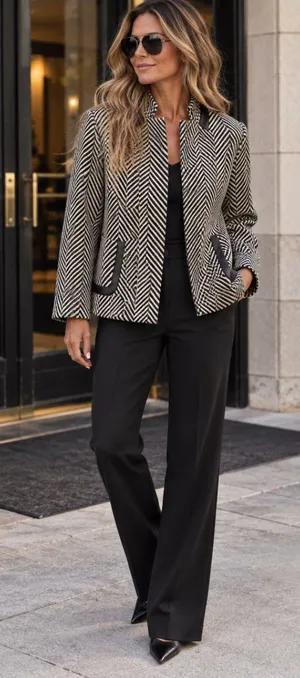 Dana Buchman Wool and Leather Blend Black and Cream Chevron Herringbone Blazer thumbnail 1