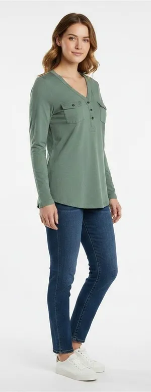 🩷 J. Jill Women Henley Top Large Green Long Sleeve V-Neck Utility Pockets Cotton thumbnail 1