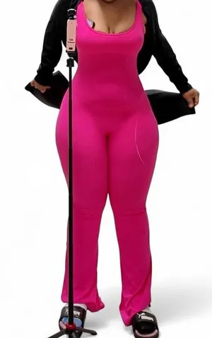 Pink flare jumpsuit with‎ stretchy fabric thumbnail 1