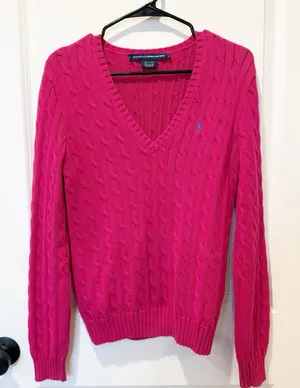 Ralph Lauren Sport Pink Cable Knit Sweater L Preppy Heritage Old Money V Neck thumbnail 1