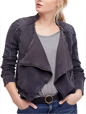 Free People Distressed Charcoal Gray Wash Cotton Shrunken Moto Jacket Size S thumbnail 7
