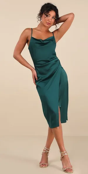 Lulu’s Hollywood Woman Forest Green Satin Midi Dress Size Small thumbnail 1