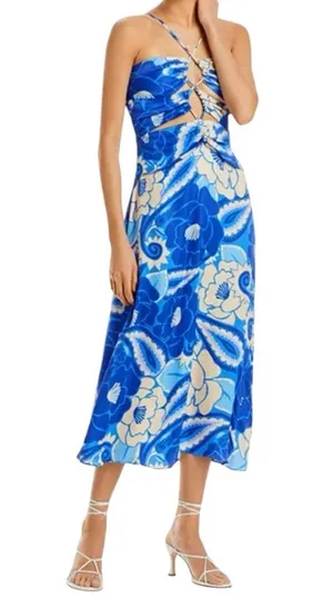 FARM Rio NWT Women’s Size L Blue White Tropical Groove Cutout Detail Midi Dress thumbnail 2