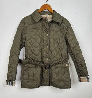 Burberry Brit Belted Quilted Green Jacket‎ with Nova Check Lining Size Xsmall thumbnail 1