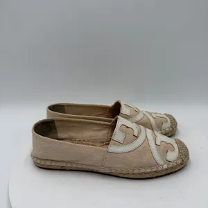 Tory Burch Poppy Espadrille Canvas Flats Beige White Logo 6M 41012 thumbnail 2
