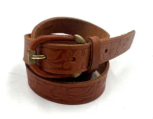 Tooled Leather Belt The Ritz Accessories Floral Motif Tan thumbnail 1