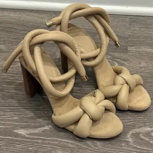 Alexandre Birman Puffy Knot Beige Leather Suede Block Heel Ankle Tie Sandals‎ 7 thumbnail 1
