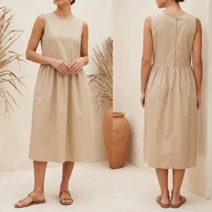 Korean Fashion Steady Seller‎ Beige Button Back Midi Dress Sleeveless Pocket thumbnail 2