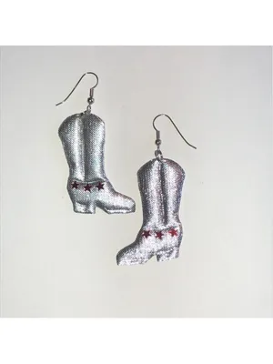 Silver Tone Fabric Cowboy Boot Earrings with Red Stars thumbnail 3