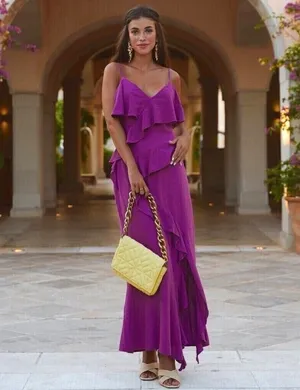 NWT ZARA LINEN BLEND RUFFLED SLIP DRESS in purple. Size Large thumbnail 3