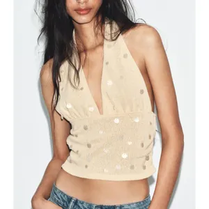 Zara Knit Halter Top Beaded Size S Butter Yellow thumbnail 5