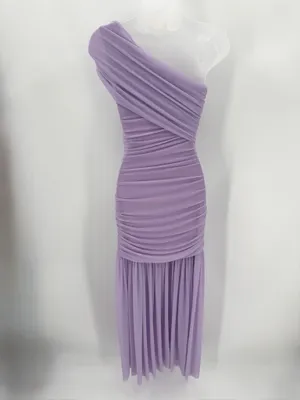 Formal Bodycon Dress Women’s S Purple Ruched Mesh 1 Shoulder Maxi-LAGSHIAN Brand thumbnail 2