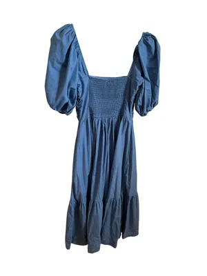 Abercrombie & Fitch Emerson Ruched Puff Sleeve Poplin Midi Dress Blue XS thumbnail 3