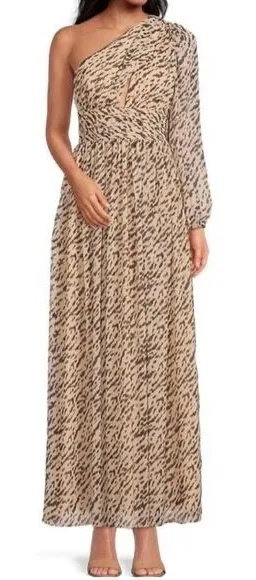 GIANNI BINI Leopard Print Maxi Dress One Shoulder Long Sleeve Black Tie Size 2‎ thumbnail 1