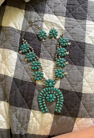 Western Turquoise Squash Blossom Earring And Necklace Set thumbnail 1