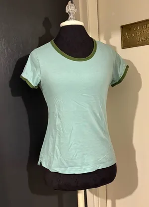 Anthropologie Pilcro Light Aqua Ringer 100% Cotton Tee with Olive Trim thumbnail 1