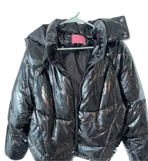 Azalea Wang Black Metallic Bomber Puffer Winter Coat Medium Jacket Shiny LIKEnew thumbnail 1
