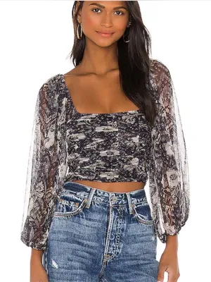 Free People Lilia Floral Crop Top Large Navy Sheer Puff Sleeve Ruched Cottage thumbnail 1