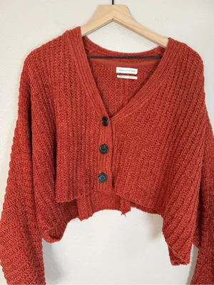 Urban Outfitters Ribbed Cozy Cropped Button Front Cardigan Sweater Burnt Orange thumbnail 5