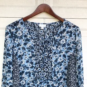 J Jill Women’s Shirt Blue Floral Long Sleeve Mixed Print Large thumbnail 4