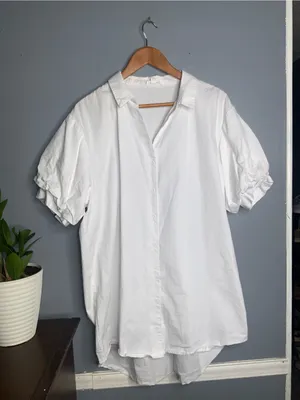 GeeGee White Cotton Button-Front Puff Sleeve Tunic Large thumbnail 3