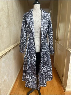 ABS Silver Label Black Grey Leopard Print Belted Trench Coat Jacket XS Statement thumbnail 5