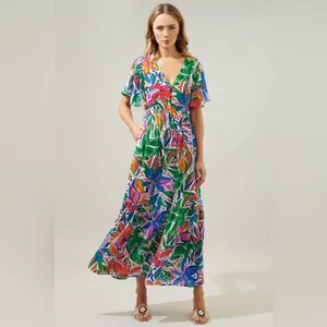 Sugarlips colorful maxi dress Paradise Falls Button Down Flutter sleeve tropical thumbnail 12