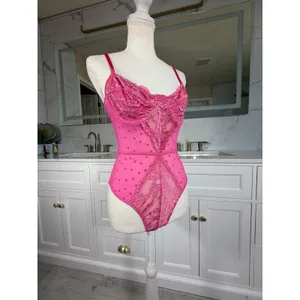 Pink Lace Teddy Bodysuit Womens Large Heart Print Sheer Mesh Underwire Lingerie thumbnail 13