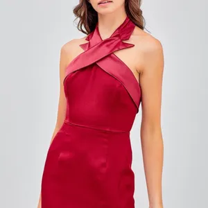 Crossing tailored neck line open back mini dress with slit Large thumbnail 5