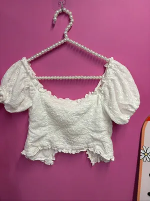 ASTR White Eyelet Puff-Sleeve Crop Top - Women thumbnail 5