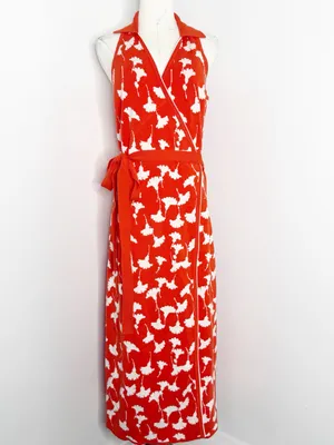 Diane von Furstenberg for Target Sweater Wrap Maxi Dress Size Large Orange White thumbnail 3
