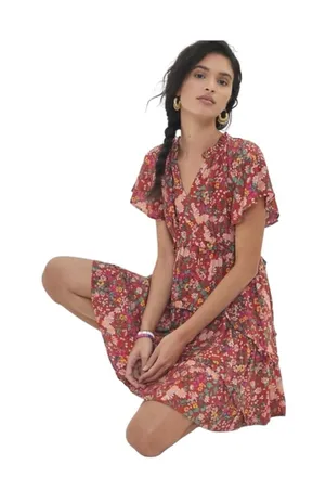 By Anthropologie Robin Tiered‎ Mini Dress red floral sz M thumbnail 1