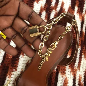 Chocolate Brown Patent Leather 3.2” block heels sandals pumps gold padlock chains open peep toe ankle strap #evening #party going out #glamour Size 7 thumbnail 5