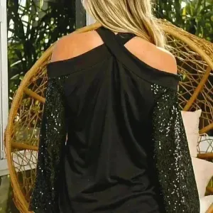Black Halter Neck Sequin Sleeve Top‎ thumbnail 3