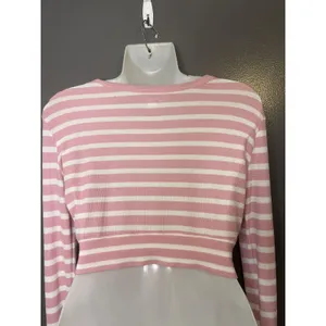 OFFLINE By Aerie Shirt Womens Medium Pink Stripe Henley Cropped Long Sleeve thumbnail 7