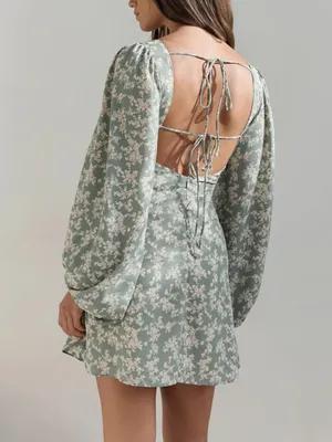 Fortunate One Garden Chic Mini Dress Green & White Floral. Voluminous Sleeves thumbnail 7