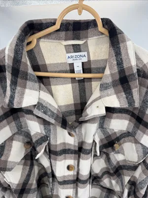 Arizona Jeans Cream black plaid button front shacket shirt jacket XXL thumbnail 7