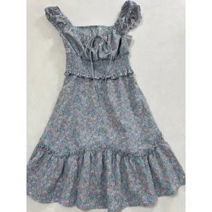 Light Blue Floral Smocked Mini Dress Ruffle Sleeve Women Small H2F367‎ thumbnail 4