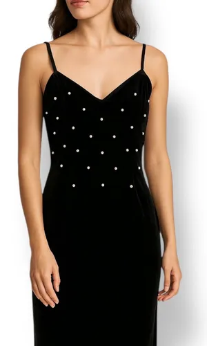 Vintage‎ Black Velvet Pearl Beaded Maxi Slip Dress 90s Formal Evening Size 10 thumbnail 1