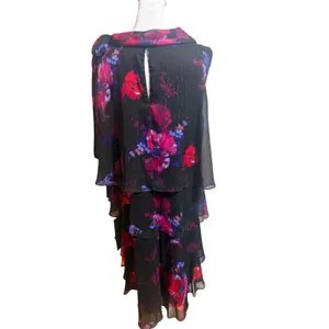 SLNY Tiered Chiffon Dress 16 Black Floral New Tie Cowl Neck Ruffle Shimmer thumbnail 3