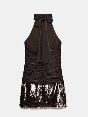 Zara Mini Dress Satin Brown Halter Ruched Sequin thumbnail 10