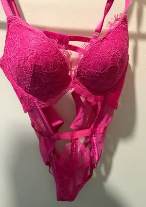 Victoria's Secret Hot Pink Lace Strappy Push-Up Teddy thumbnail 1