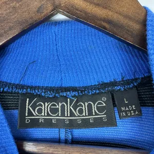 Karen Kane Sweater Dress Womens Large Blue Black‎ Striped Mock Neck Vtg 80s thumbnail 2