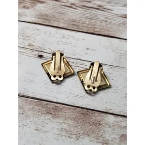 Vintage Clip On Earrings Diamond Shape Black with Dark Gold Pattern 7/8" thumbnail 5