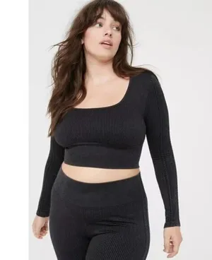Offline by Aerie Black Ribbed Crop Medium Fitted Long Sleeve Contemporary Boho thumbnail 1